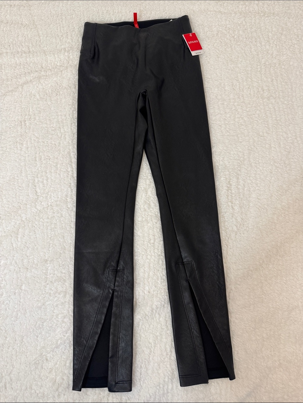 SPANX Black Faux Leather Leggings with Hem Slits